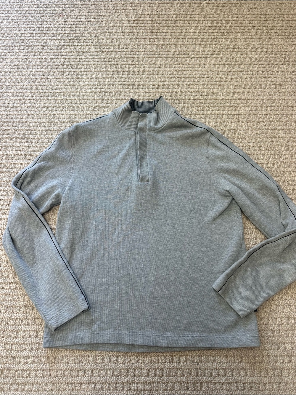 BOSS Hugo Boss Gray Knit 1/4 Snap Mock Neck Pullover Black Trim Sweater Sz M